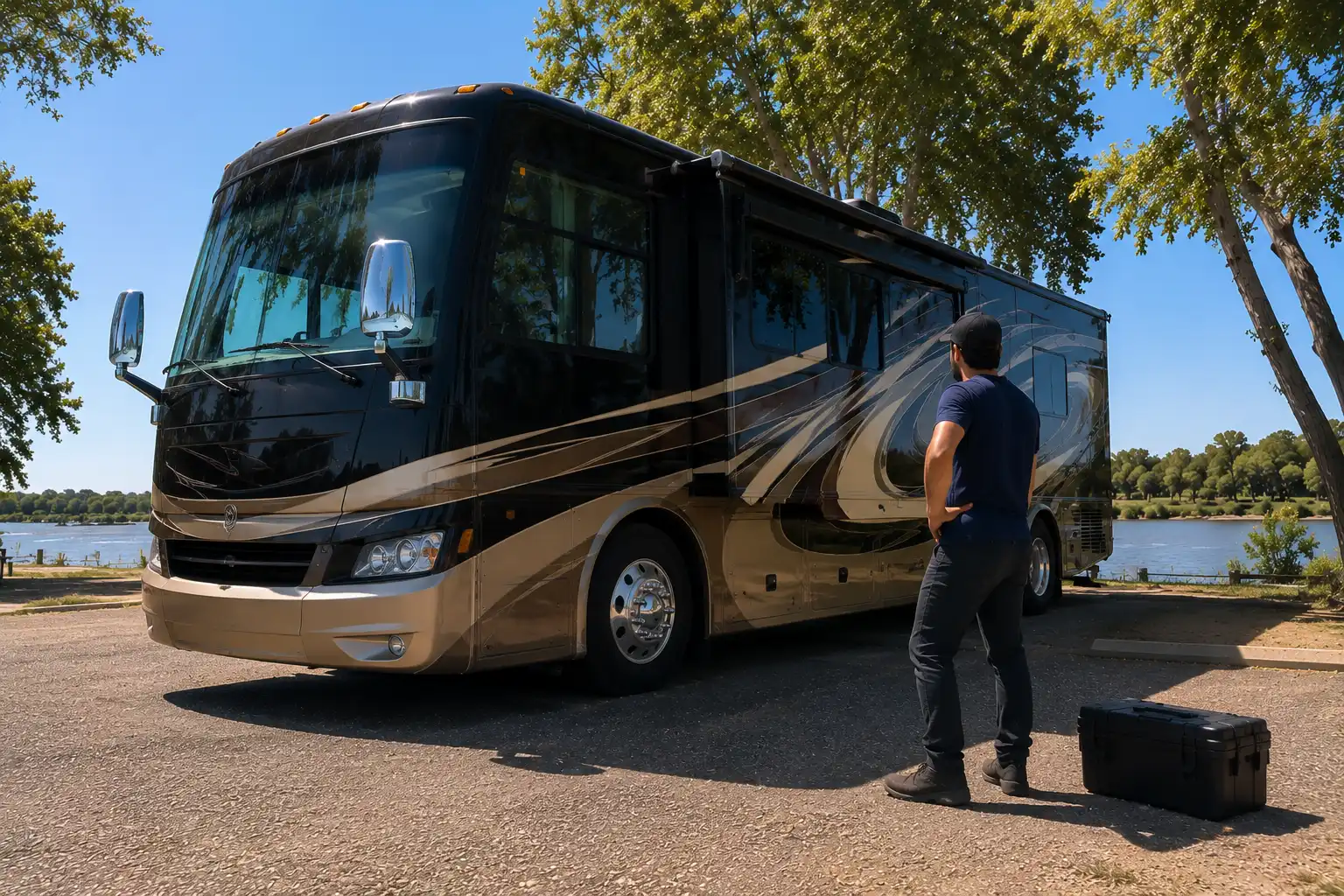 On-Site RV Repair Service Sacramento California On-site RV mechanic in Sacramento CA servicing a fifth wheel along the American River Parkway